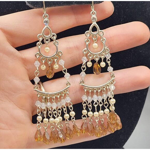 Vintage Y2K Brown Immitation Pearl Fairy Silver Chandelier Earrings 3in - Picture 1 of 4